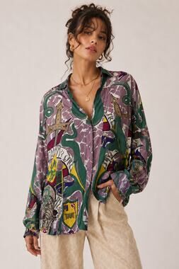Vintage Baik Baik Honolulu Baroque Heraldic Print Long Sleeve Cotton Shirt M